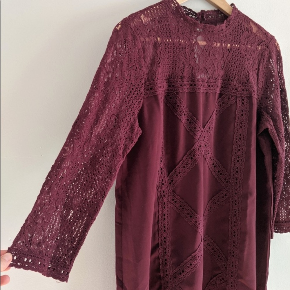 Anthropologie ENTRO Burgundy Crochet Lace Tunic DRESS SZ L HOLIDAY BOHO
